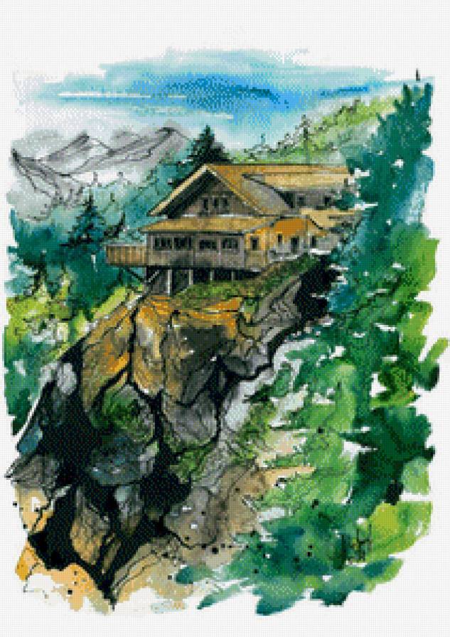 Домик в горах - акварель - акварель, природа, лес, дом, рисунок, горы - предпросмотр