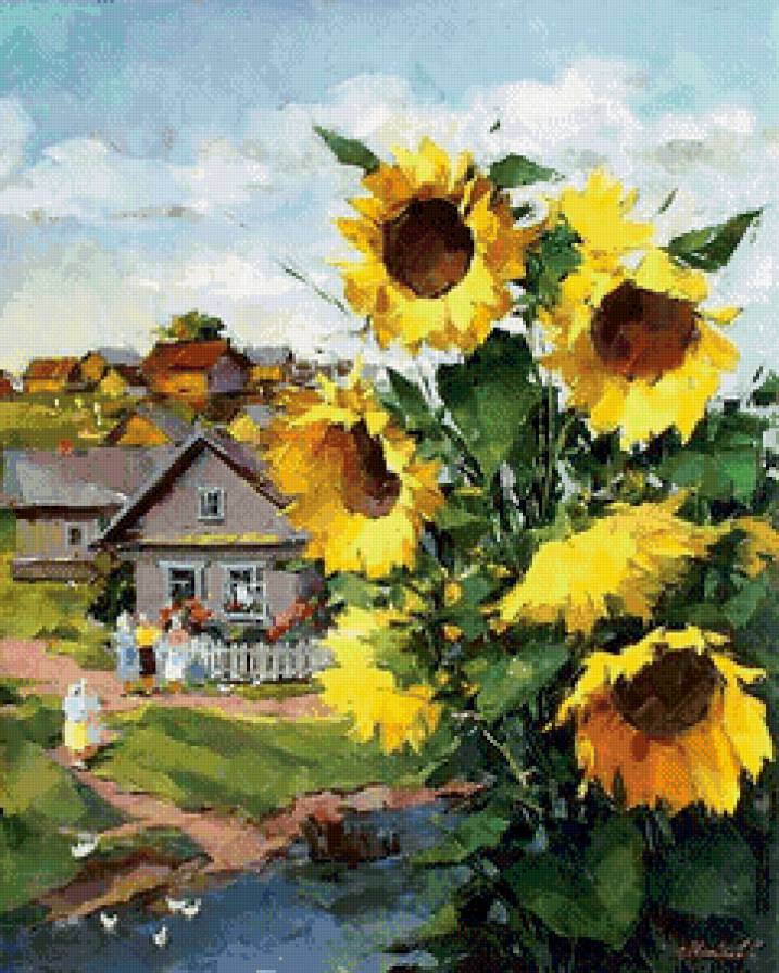 сельской пейзаж - живопись, деревня, дом, подсолнухи, пейзаж, село, лето, цветы - предпросмотр