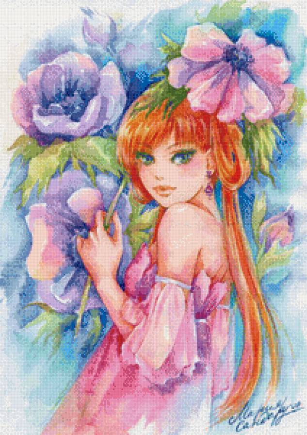 девушка в цветах - девушка, рисунок, нежность, акварель, цветы - предпросмотр