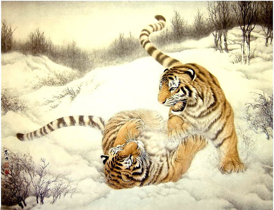 Тигры - зима, тигры, японская живопись - оригинал