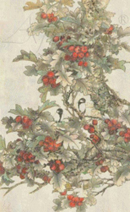 Японская живопись - рябина, осень, птицы - предпросмотр