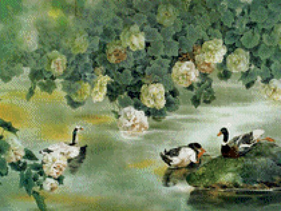 Японская живопись - пруд, утки, цветущая живопись - предпросмотр
