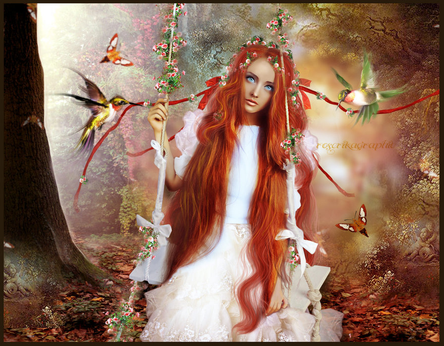 №697432 - колибри, девушка, птицы, фэнтези - оригинал