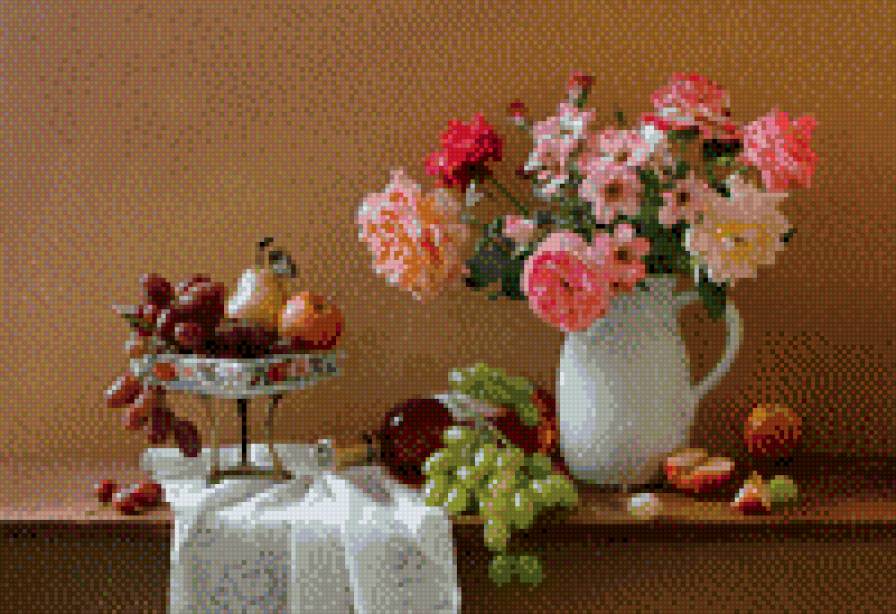 №697435 - ягоды, виноград, цветы, яблоки, натюрморт - предпросмотр