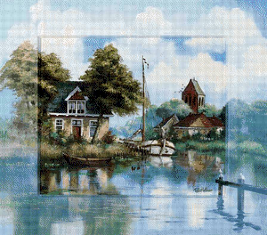 художник Рейнт Висаар - лодка, природа, пейзаж, картина, река - предпросмотр
