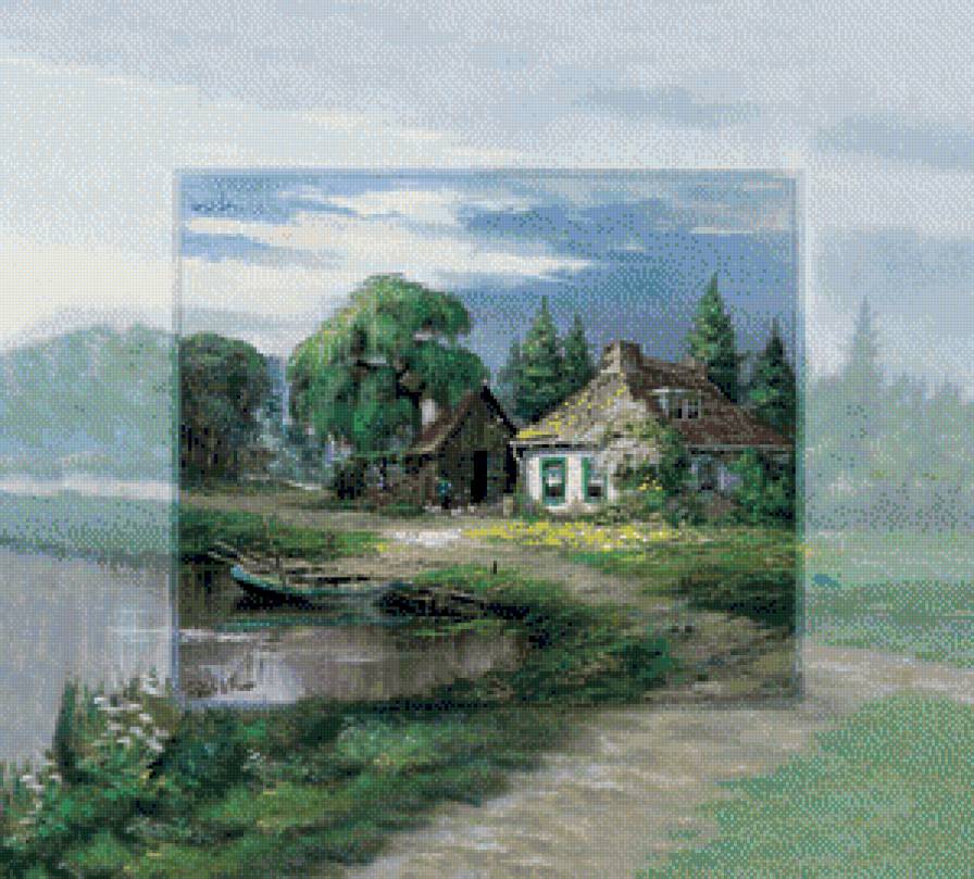 художник Рейнт Висаар - пейзаж, река, лодка, природа, лето, дом, картина - предпросмотр