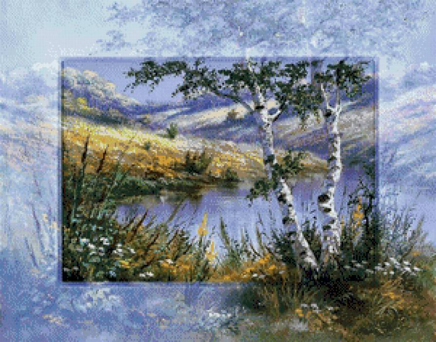 художник Рейнт Висаар - река, картина, цветы, береза, пейзаж, природа - предпросмотр
