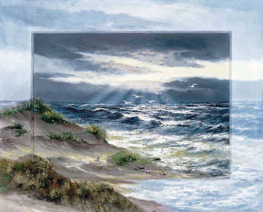 художник Рейнт Висаар - картина, природа, берег, закат, пейзаж, море - оригинал