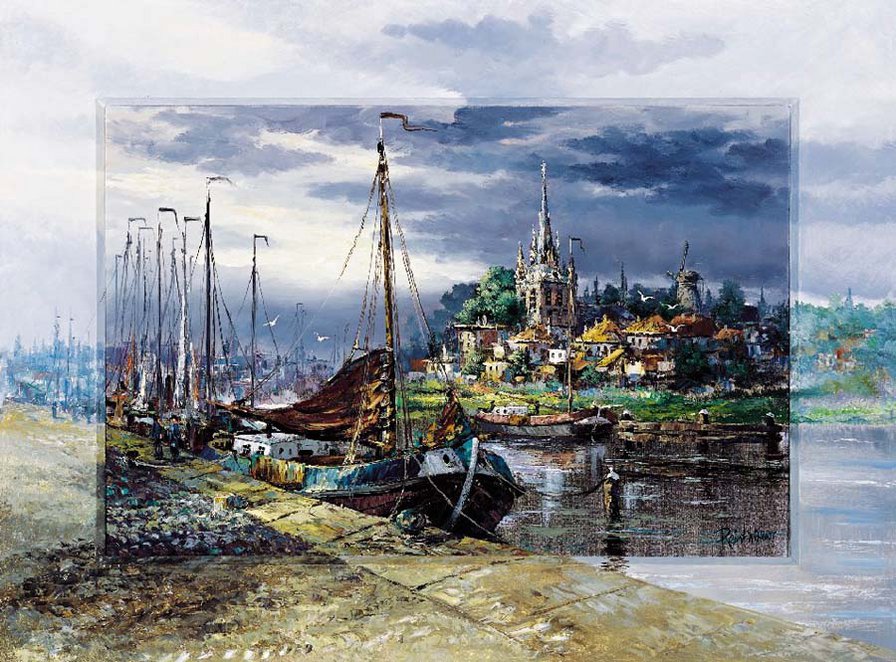 художник Рейнт Висаар - река, лодка, картина, пейзаж, природа, город - оригинал