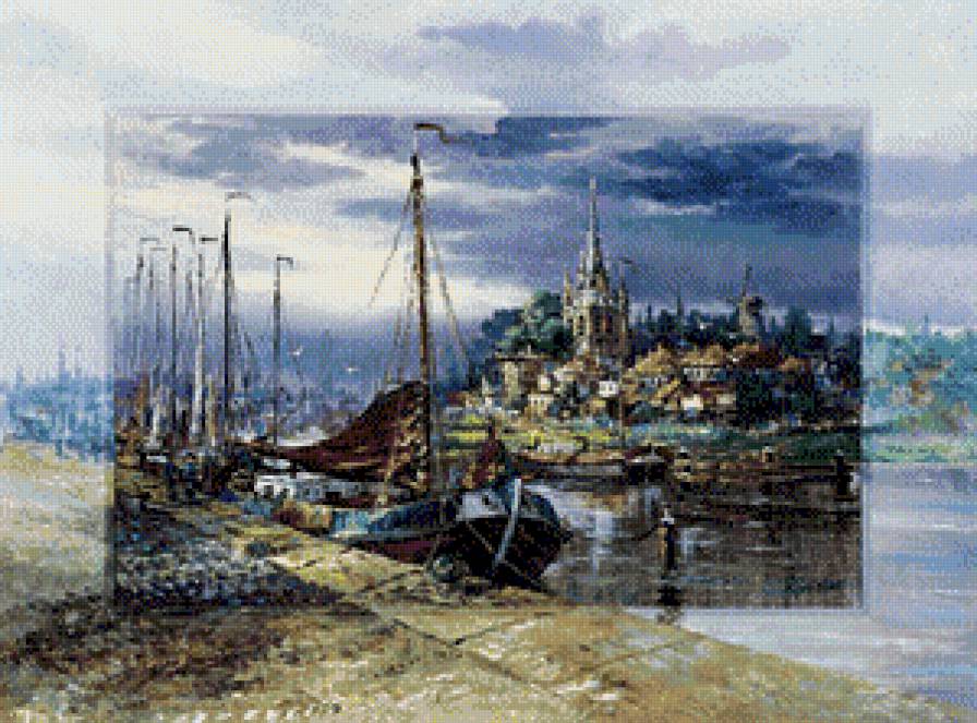художник Рейнт Висаар - природа, река, картина, город, лодка, пейзаж - предпросмотр