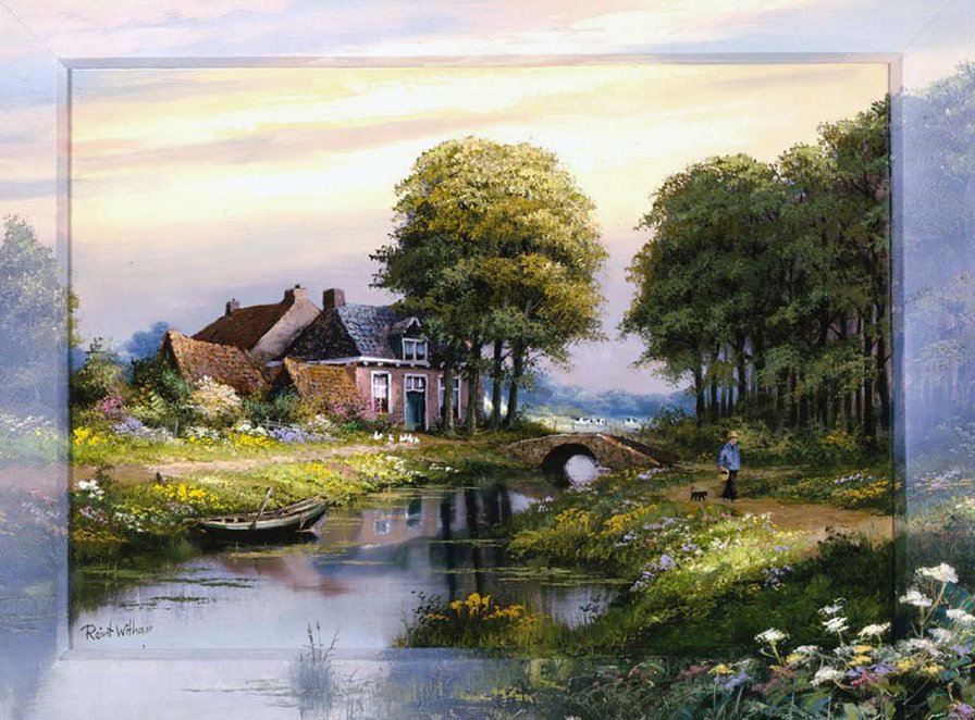 художник Рейнт Висаар - пейзаж, лодка, природа, картина, река - оригинал