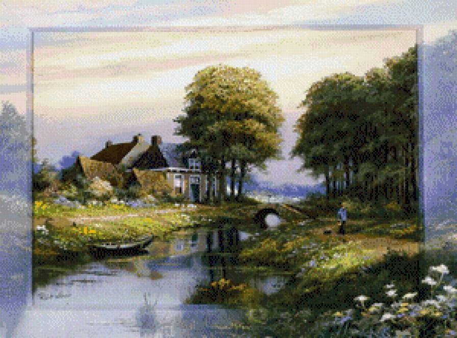 художник Рейнт Висаар - природа, картина, пейзаж, лодка, река - предпросмотр