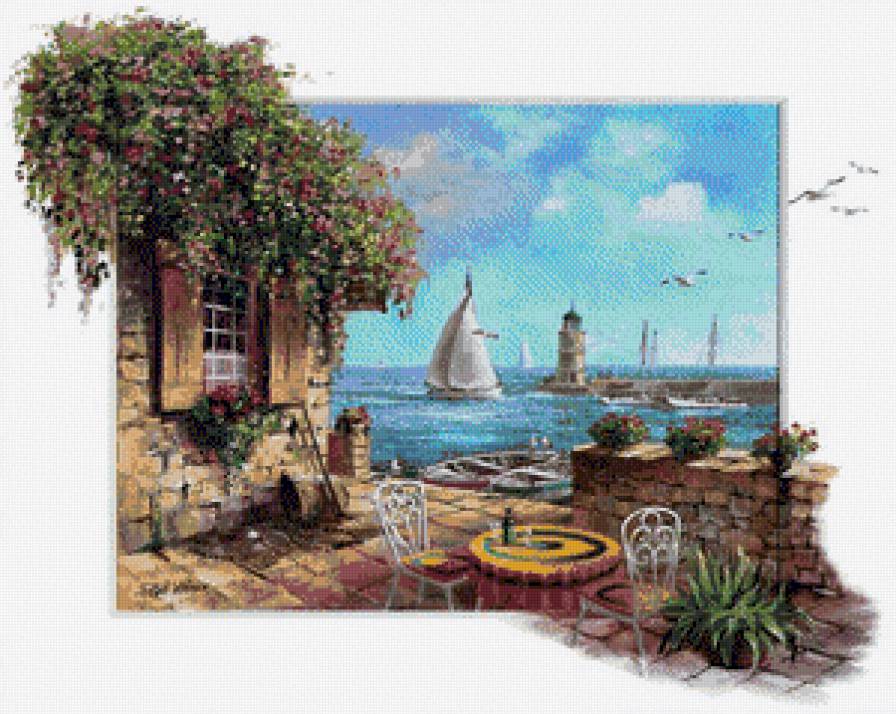 художник Рейнт Висаар - цветы, картина, лодка, пейзаж, природа, море - предпросмотр