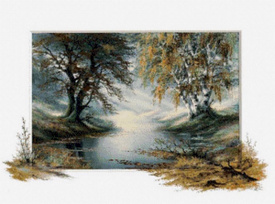 художник Рейнт Висаар - картина, вечер, береза, река, пейзаж, природа - предпросмотр
