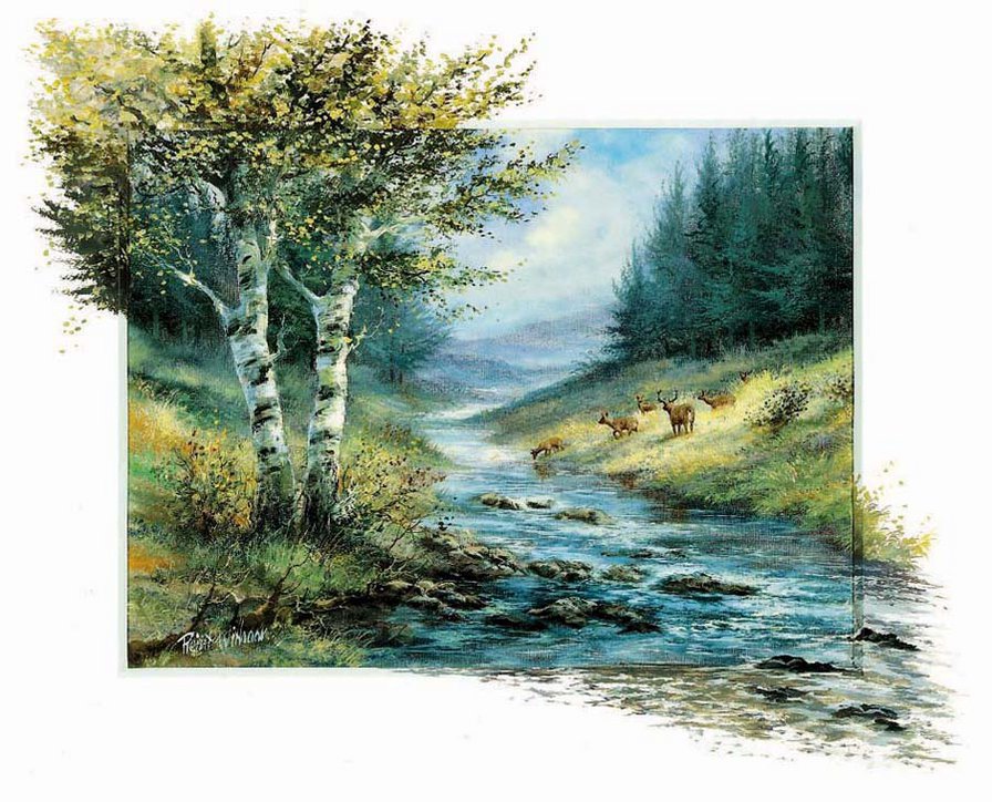художник Рейнт Висаар - природа, пейзаж, береза, вечер, картина, река - оригинал