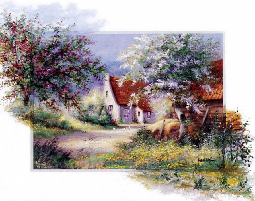 художник Рейнт Висаар - природа, пейзаж, сад, весна, дом, картина - оригинал