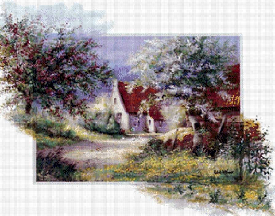 художник Рейнт Висаар - природа, весна, сад, картина, дом, пейзаж - предпросмотр