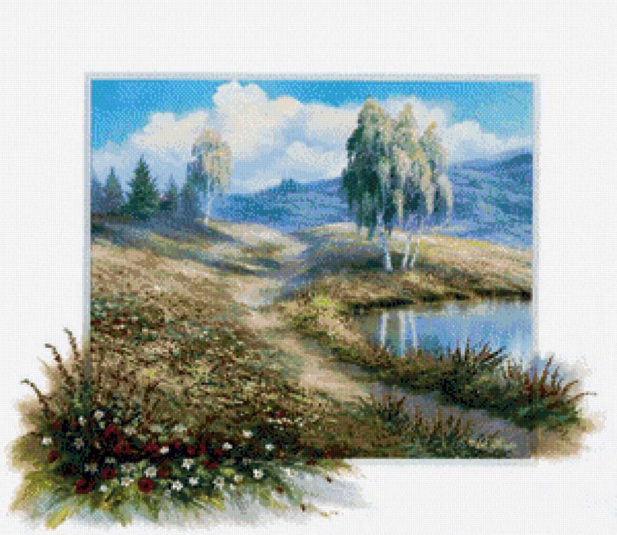художник Рейнт Висаар - береза, озеро, природа, лето, картина, пейзаж - предпросмотр