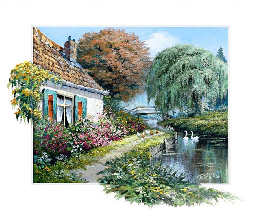 художник Рейнт Висаар - озеро, лето, пейзаж, дом, природа, картина, птицы - оригинал