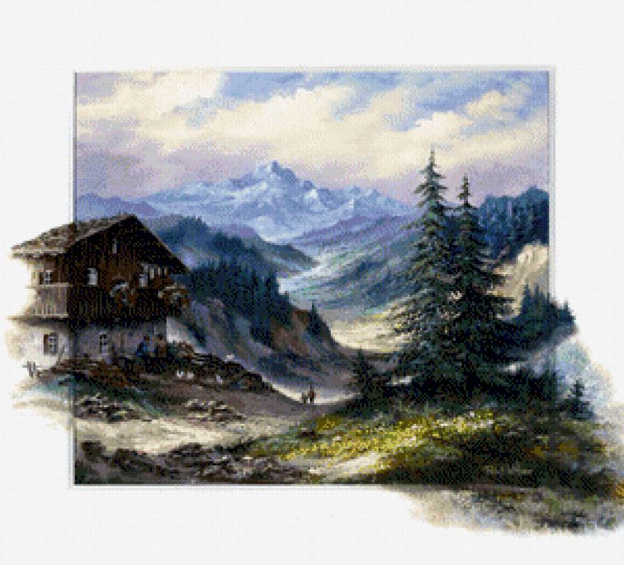 художник Рейнт Висаар - природа, горы, вечер, картина, дом, пейзаж - предпросмотр
