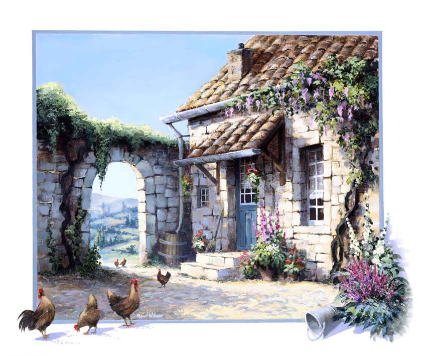 художник Рейнт Висаар - уют, дом, картина, двор, птицы - оригинал