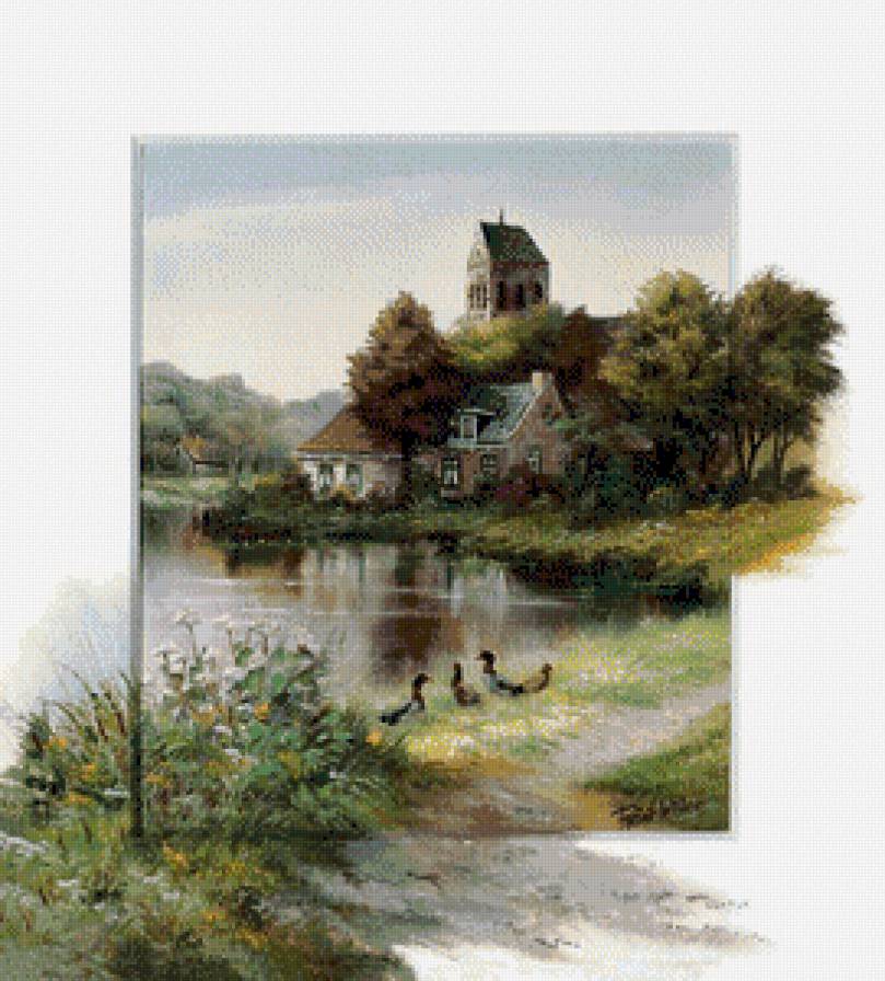 художник Рейнт Висаар - дом, картина, пейзаж, лето, природа, озеро - предпросмотр