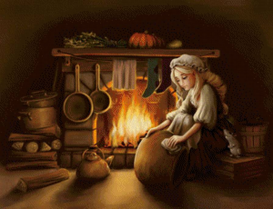 Золушка - девушка, огонь, камин, уборка - предпросмотр