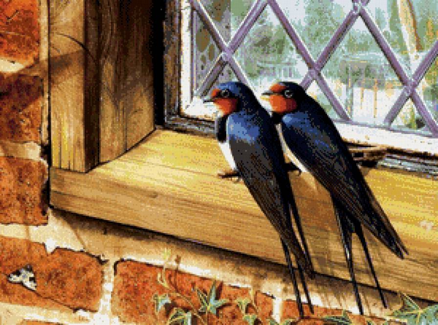 ласточки - природа, пейзаж, птицы, картина - предпросмотр