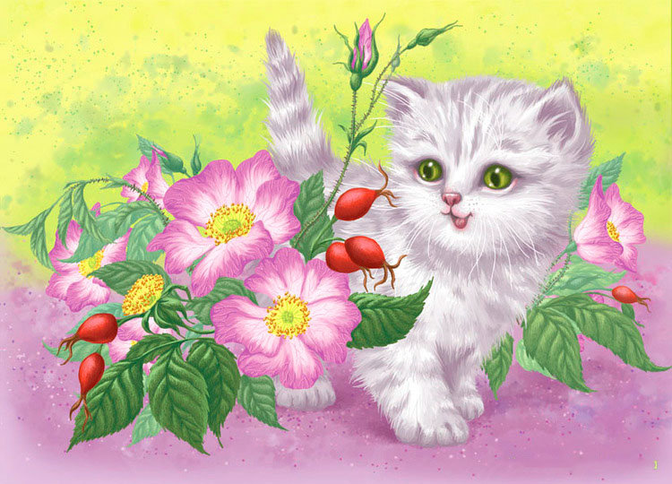 котик - кошки, котик, котенок, животные, ягоды, цветы - оригинал