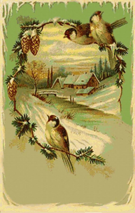 Зимний пейзаж - ретро открытка - предпросмотр