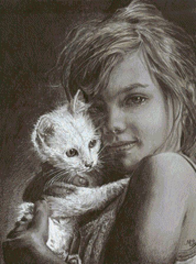 Графика Марии Зельдес - котенок, графика, девочка, ребенок, любовь - предпросмотр