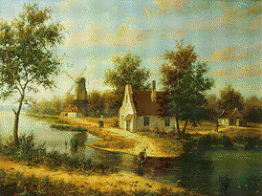 Голландский пейзаж - домики, природа, пейзаж - предпросмотр