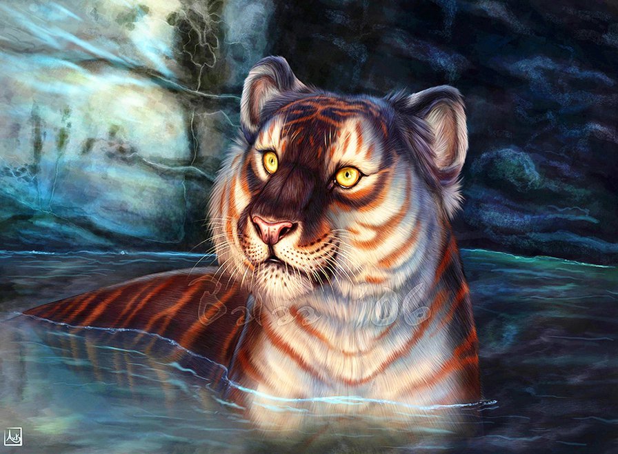 купающийся тигр - животные, пано, природа - оригинал