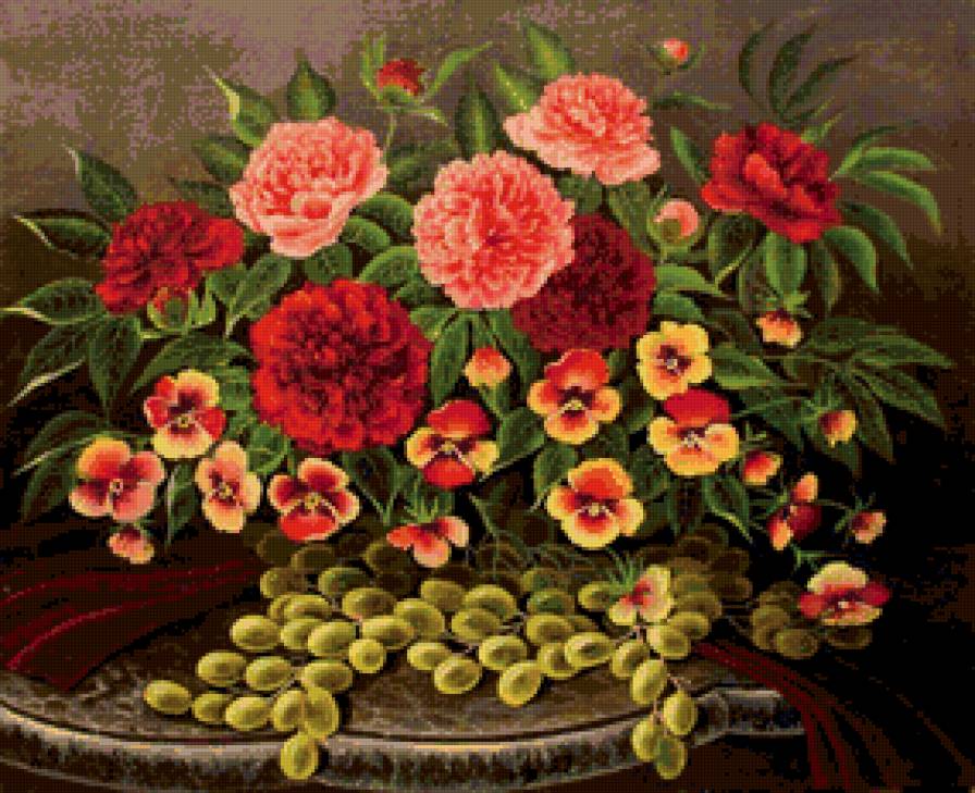 букет - картина, натюрморт, виноград, цветы - предпросмотр