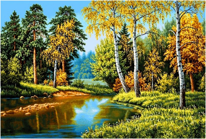 тихая речка - река, осень, березы, пейзаж, лес - оригинал