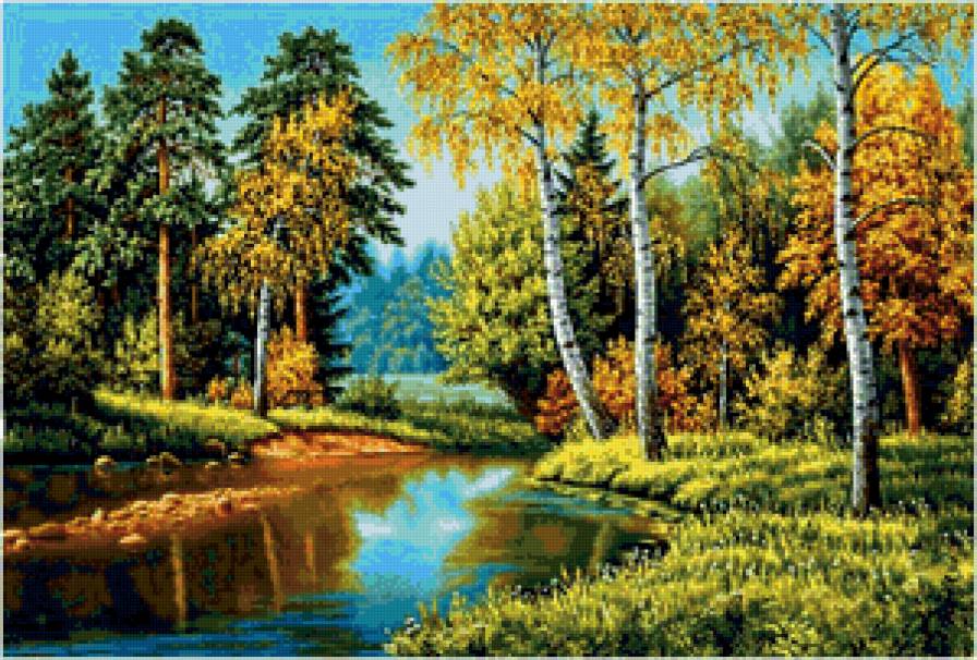 тихая речка - река, осень, лес, пейзаж, березы - предпросмотр