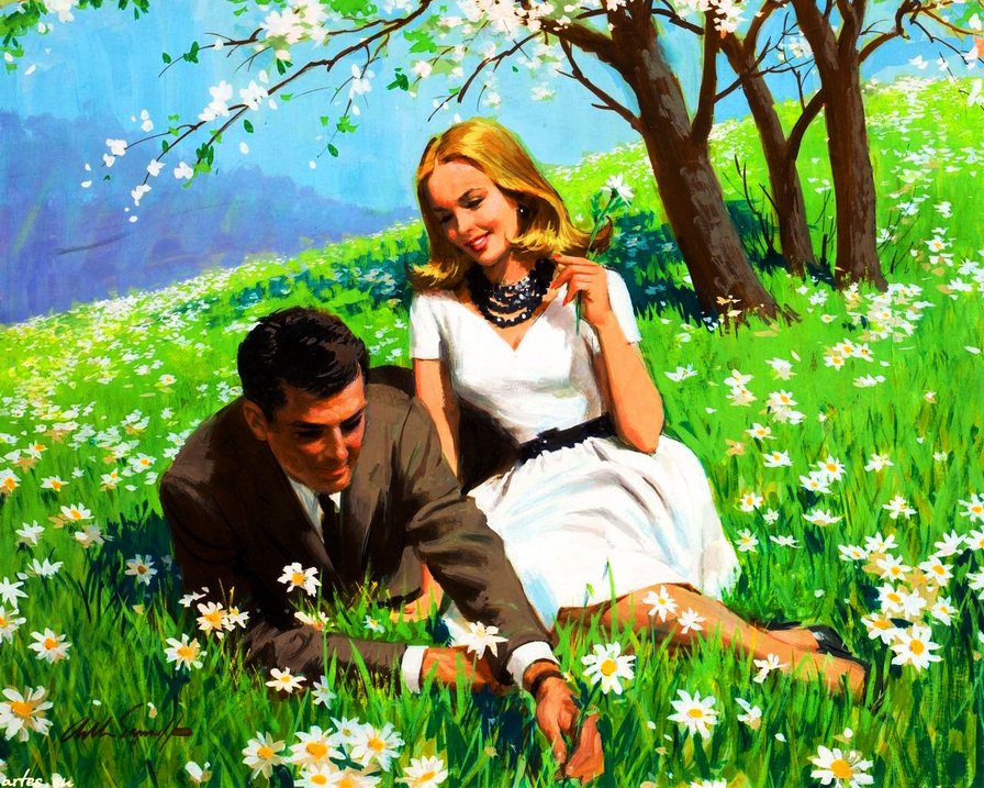 на ромашковом поле - влюбленные, двое, цветы, пара, романтика - оригинал