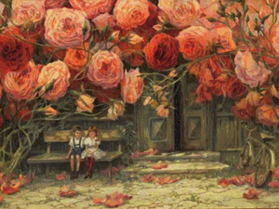 в тени роз - лавочка, живопись, лето, цветы, дети, розы, двор - предпросмотр