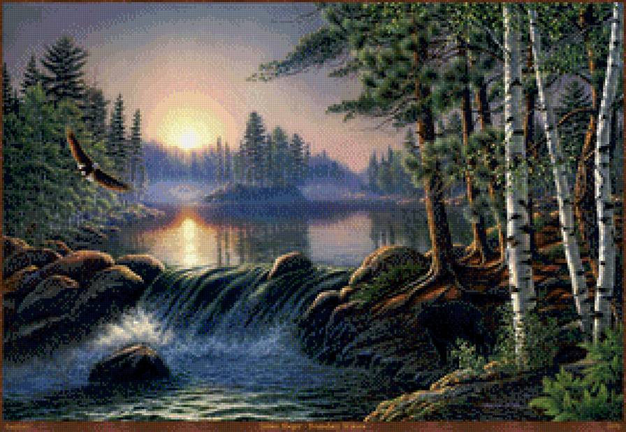 лесной пейзаж с водопадом - лето, живопись, природа, береза, лес, пейзаж, жара, водопад - предпросмотр