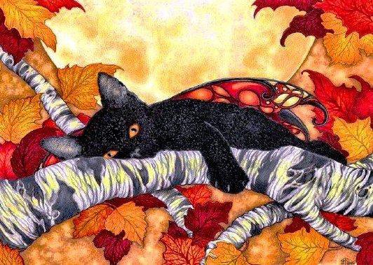 черный кот - кошки, осень, животные, листья - оригинал