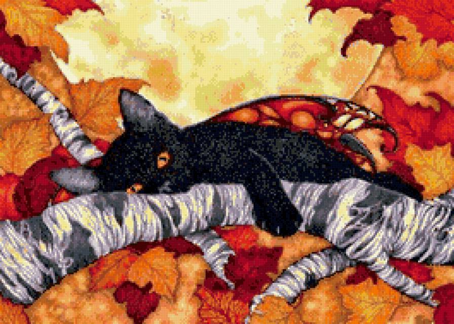 черный кот - листья, животные, кошки, осень - предпросмотр