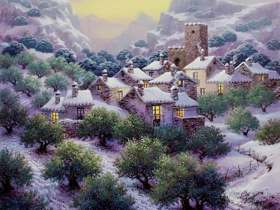 зимний вечер в горах - пейзаж - оригинал