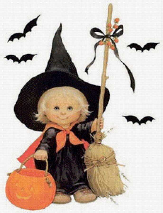 Хеллоуин - ребенок, тыква, метла - предпросмотр