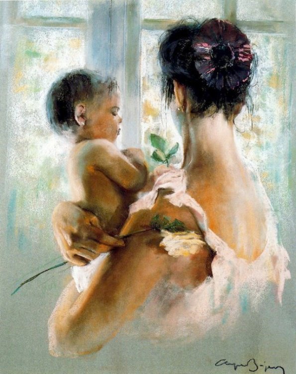 мать и дитя - живопись, мать, женщина, ребенок, материнство, окно - оригинал