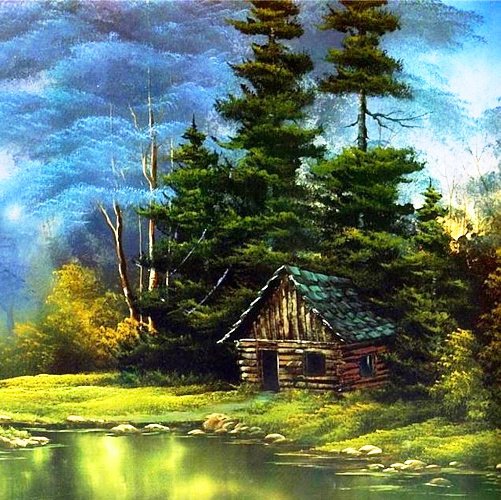 домик в лесу - река, пейзаж, домик, лес - оригинал