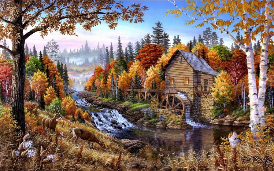 Мельница - мельница, река, осень, водопад, олени, пейзаж - оригинал