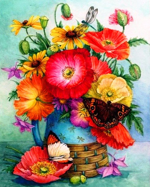 цветы и бабочки - букет, картина, цветы, бабочки, пано - оригинал
