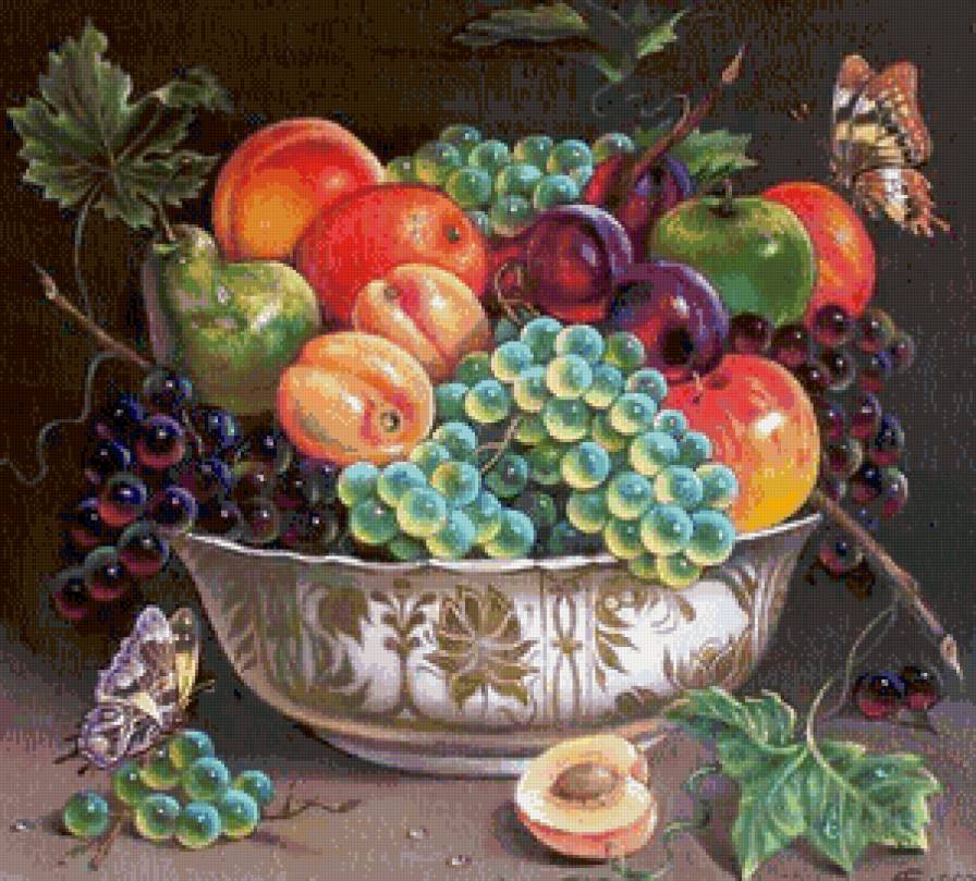 натюрморт - бабочки, натюрморт, листья, картина, виноград - предпросмотр