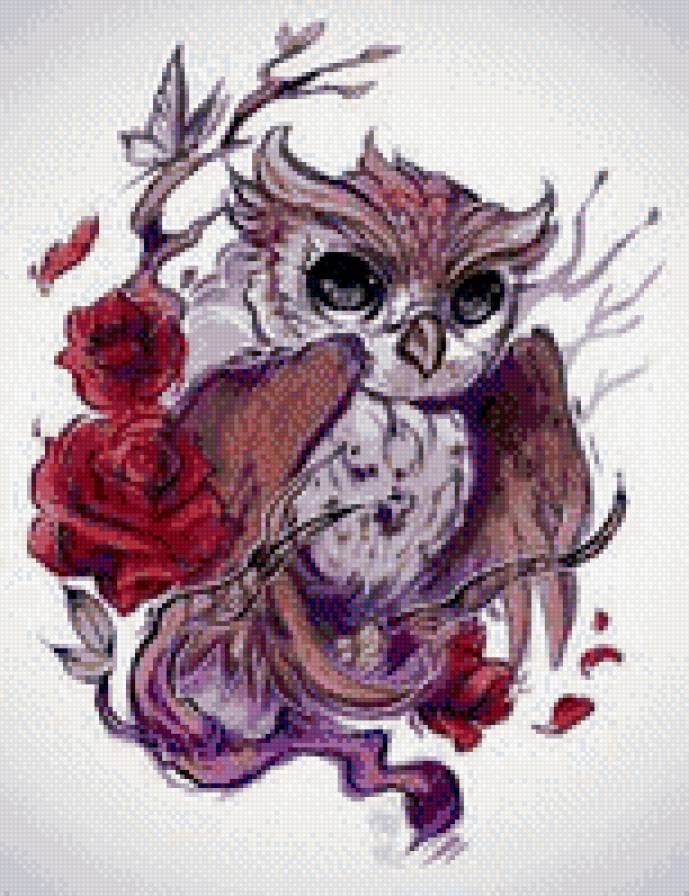 Сова и розы - сова, птицы, рисунок - предпросмотр