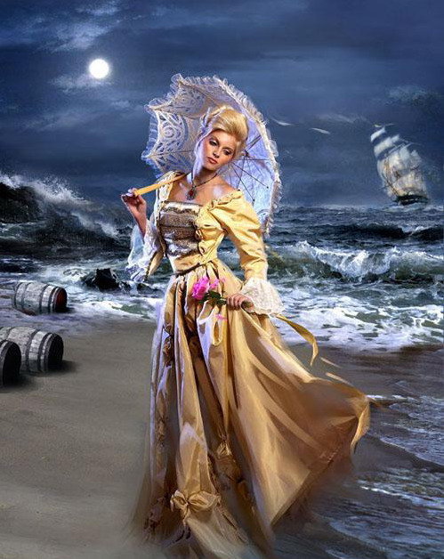 девушка у моря - девушка, зонт, шторм, море - оригинал